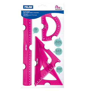 BLISTER TRACING KIT WITH 30CM RULER, 180º PROTRACTOR AND SQUARE SET, PINK