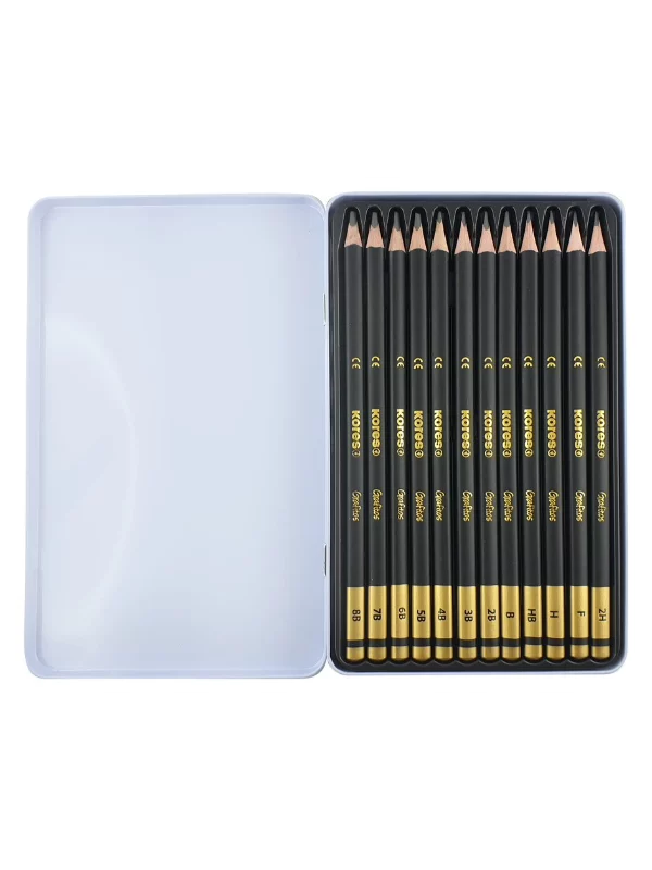 "GRAFITOS" SET različite klase, mat crna, trouglasta, naoštrena, umočena sa krajnje strane, 12/1 (8B, 7B, 6B, 5B, 4B, 3B, 2B, B, HB, F, H, 2H) u metalnoj kutiji 1