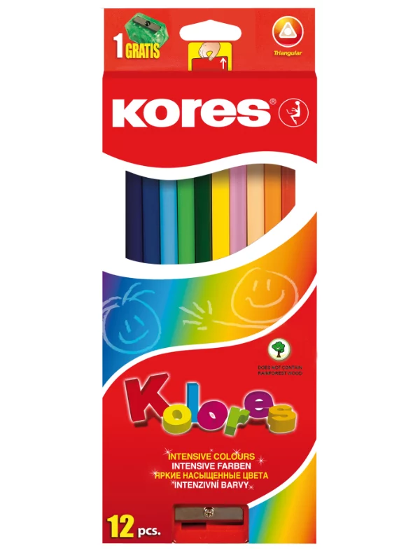 Drvene trouglaste bojice "KOLORES", od 3mm zarezane i sa poljem za ime , sa rezačem, 12/1 (sa 1 metalik bojicom) u kutiji koja visi - Image 1