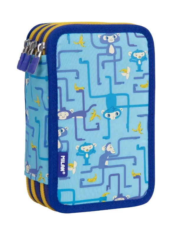 081364TNG Filled triple decker pencil case Tangled Monkeys, blue 1